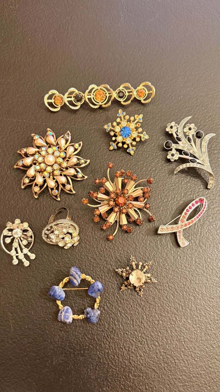 Collection of 10 Vintage Assorted Costume Jewelry Brooches & A Ring